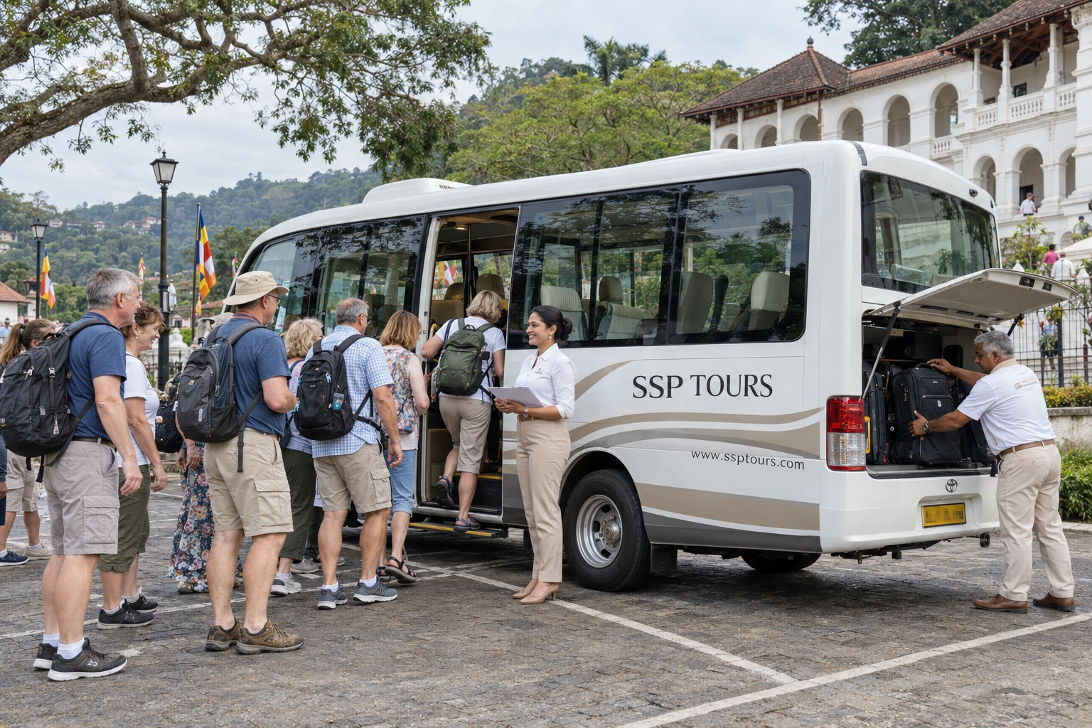 Guests boarding a SSP TOURS coaster bus
